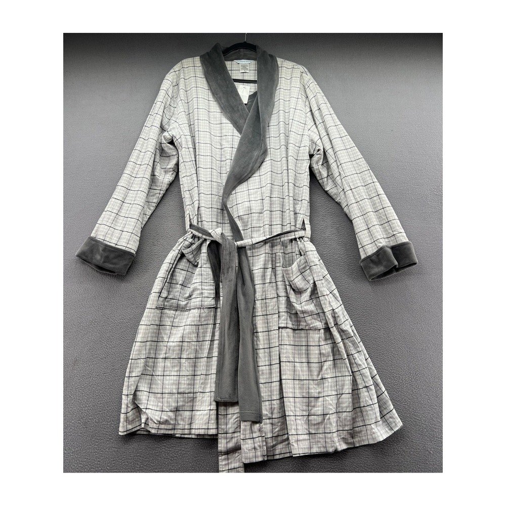 The Company Store Plaid Robe Blue White Cotton Plush Lined Shawl Collar S/M NWT